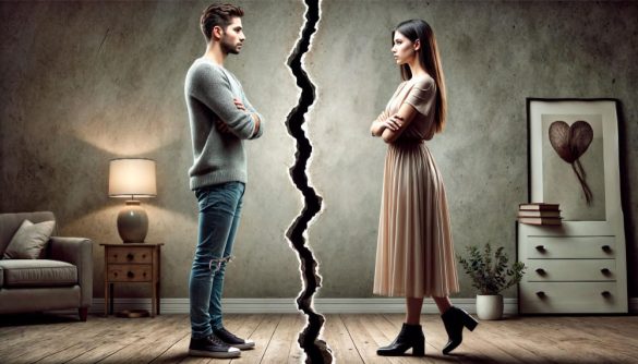 Un couple debout face à face, bras croisés et séparés par une fissure au sol, illustrant une séparation ou un divorce.